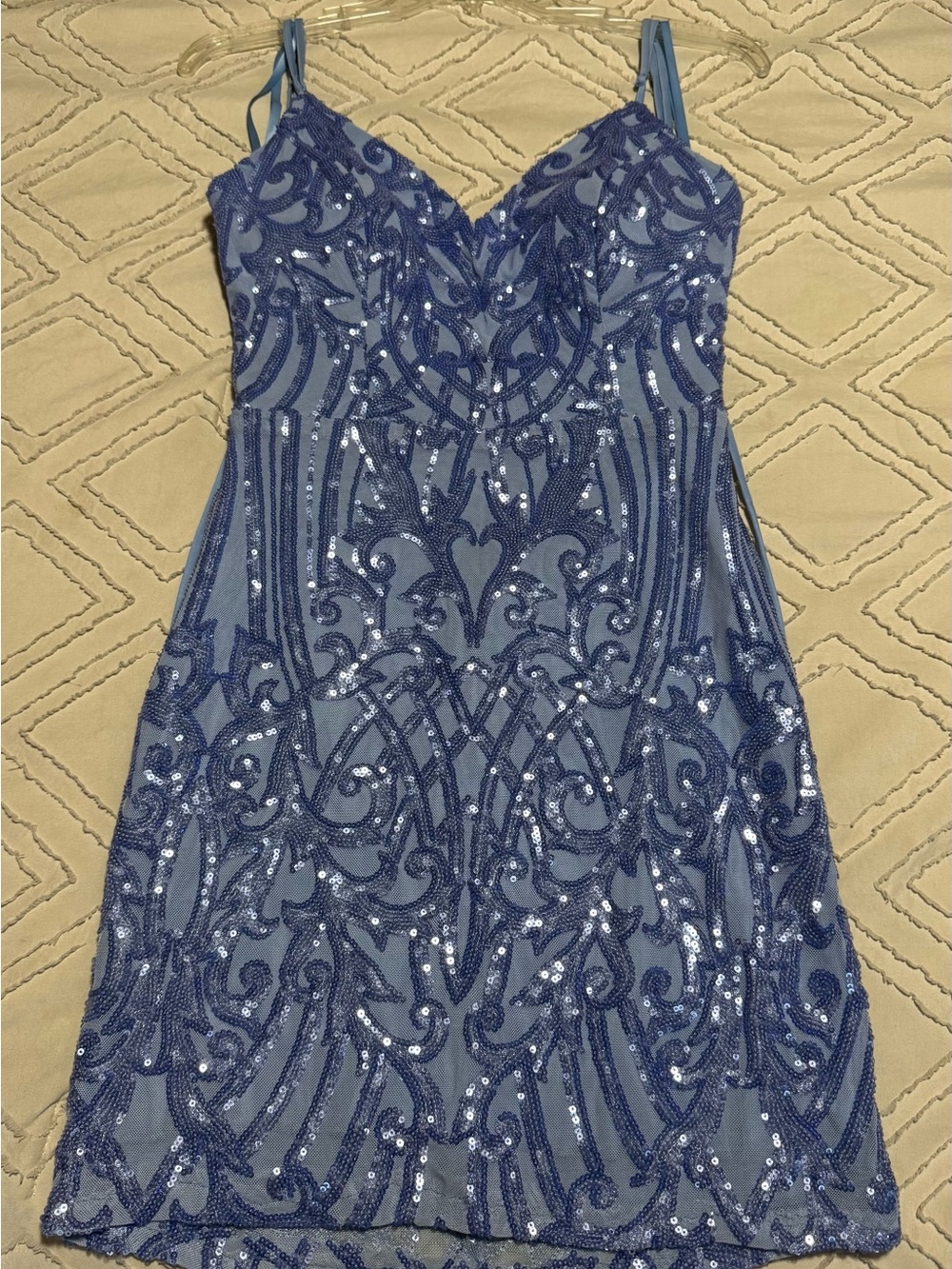 Blue Sequin Embellished Spaghetti Strap Dress